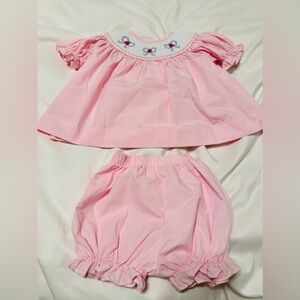 Stitchy Fish back-to-school smocked set in apple ribbon (pink gingham pattern).